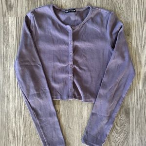 Lavender Zara Cropped Long Sleeve Button Up Ribbed Shirt Size M